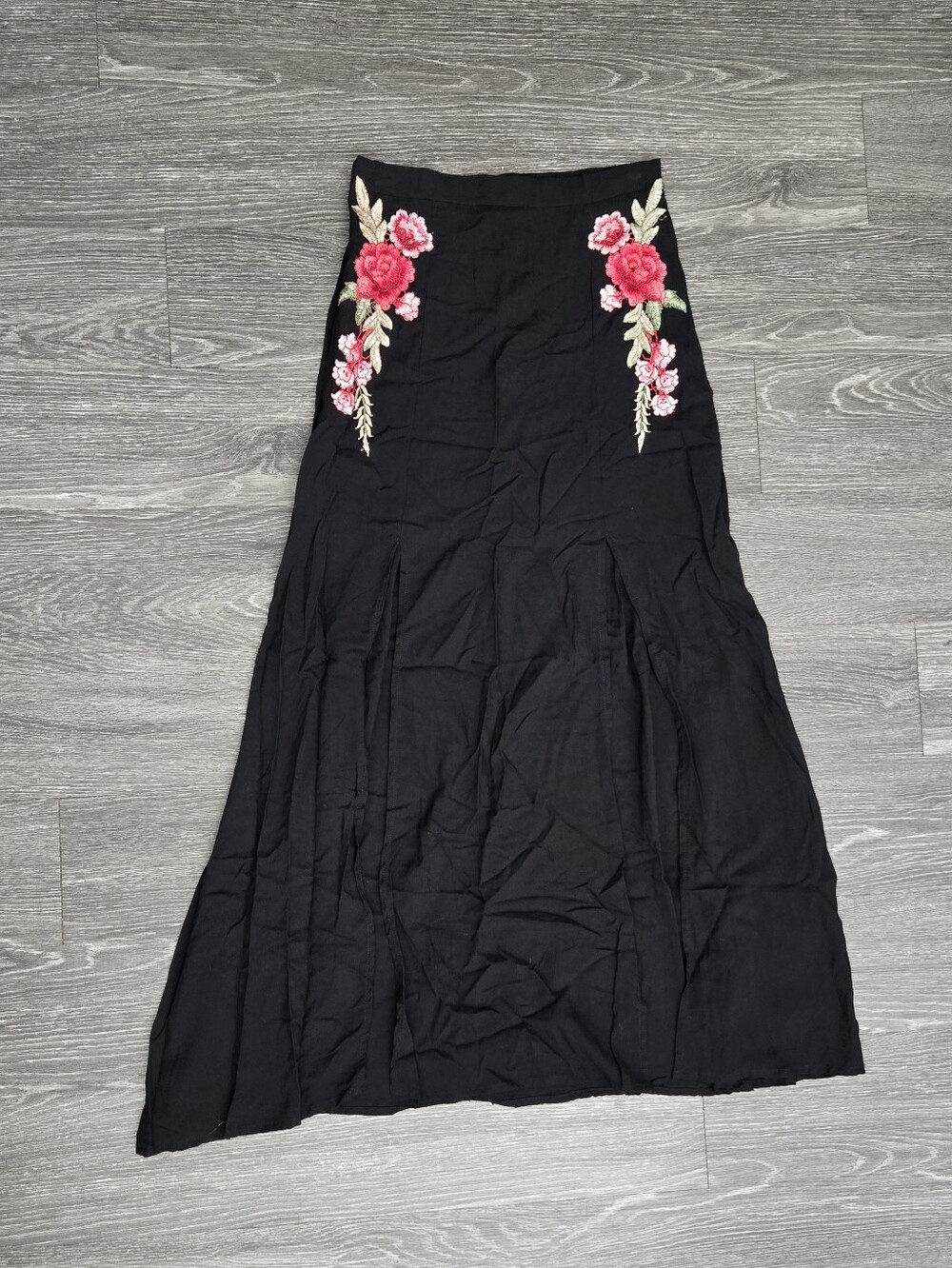Long Black Double Slit Skirt With Floral Design
